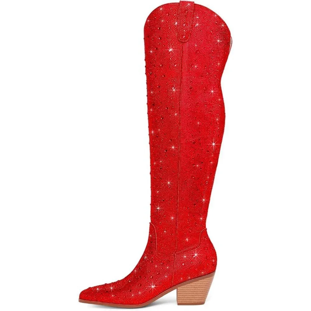 Women Red Faux Leather Sparkly Bling Rhinestone Over the Knee Cowboy Pull-OnBoot